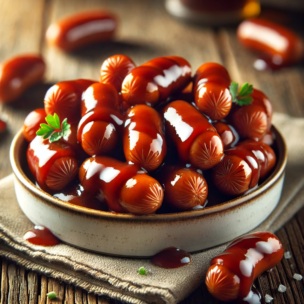 Plate of Little Smokies served with barbecue sauce, perfect for parties and appetizers.