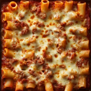 Baked Ziti Recipe with layers of tender pasta, rich marinara sauce, creamy ricotta, and melted mozzarella cheese baked to perfection.