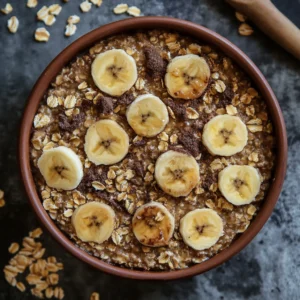 Banana-bread baked oats served in a dish with banana slices, nuts, and honey drizzle.