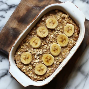 Banana-bread baked oats served in a dish with banana slices, nuts, and honey drizzle.