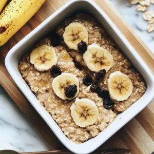 Banana-bread baked oats served in a dish with banana slices, nuts, and honey drizzle.