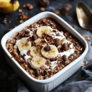 Banana-bread baked oats served in a dish with banana slices, nuts, and honey drizzle.