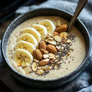 Banana Almond Smoothie Bowl topped with berries, chia seeds, and almond slices in a white bowl.