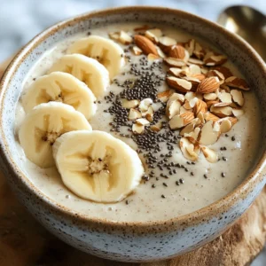 Banana Almond Smoothie Bowl topped with berries, chia seeds, and almond slices in a white bowl.