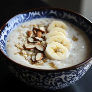 Banana Almond Smoothie Bowl with granola, fresh berries, and chia seeds.