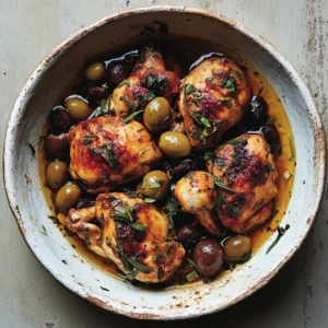 Braised Chicken with Harissa and Olives Recipe featuring tender chicken simmered in a spicy harissa sauce with briny olives and rich flavors.