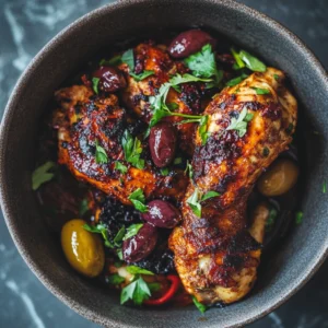 Braised Chicken with Harissa and Olives Recipe featuring tender chicken simmered in a spicy harissa sauce with briny olives and rich flavors.