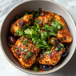 Braised Chicken with Harissa and Olives Recipe featuring tender chicken simmered in a spicy harissa sauce with briny olives and rich flavors.