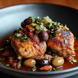 Braised Chicken with Harissa and Olives Recipe featuring tender chicken simmered in a spicy harissa sauce with briny olives and rich flavors.