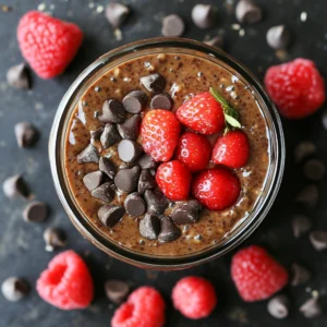 Chocolatey brownie batter overnight oats served in a jar with toppings of fresh fruit and nuts.