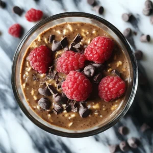 Chocolatey brownie batter overnight oats served in a jar with toppings of fresh fruit and nuts.