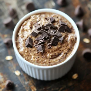 Chocolatey brownie batter overnight oats served in a jar with toppings of fresh fruit and nuts.