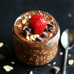 Chocolatey brownie batter overnight oats served in a jar with toppings of fresh fruit and nuts.