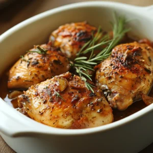 Braised chicken in a pot with broth, vegetables, and fresh herbs.