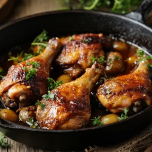 Braised chicken in a pot with broth, vegetables, and fresh herbs.