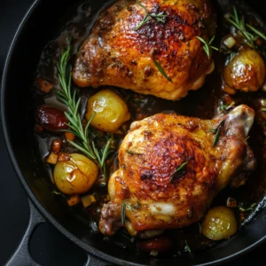 Braised chicken in a pot with broth, vegetables, and fresh herbs.