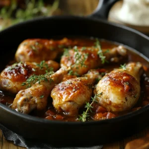 Braised chicken in a pot with broth, vegetables, and fresh herbs.