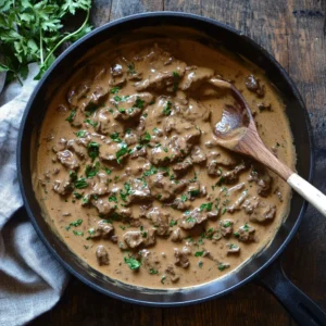 Classic Beef Stroganoff Recipe with creamy sauce, tender beef strips, and mushrooms served over a bed of pasta.