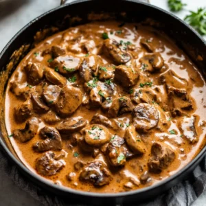 Classic Beef Stroganoff Recipe with creamy sauce, tender beef strips, and mushrooms served over a bed of pasta.