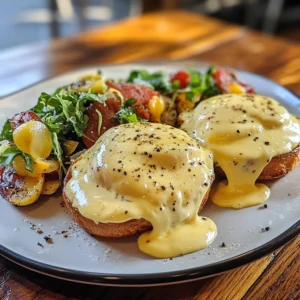 Classic Eggs Benedict with Hollandaise sauce on toasted English muffins with Canadian bacon and fresh parsley.