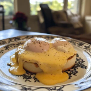 Classic Eggs Benedict with Hollandaise sauce on toasted English muffins with Canadian bacon and fresh parsley.