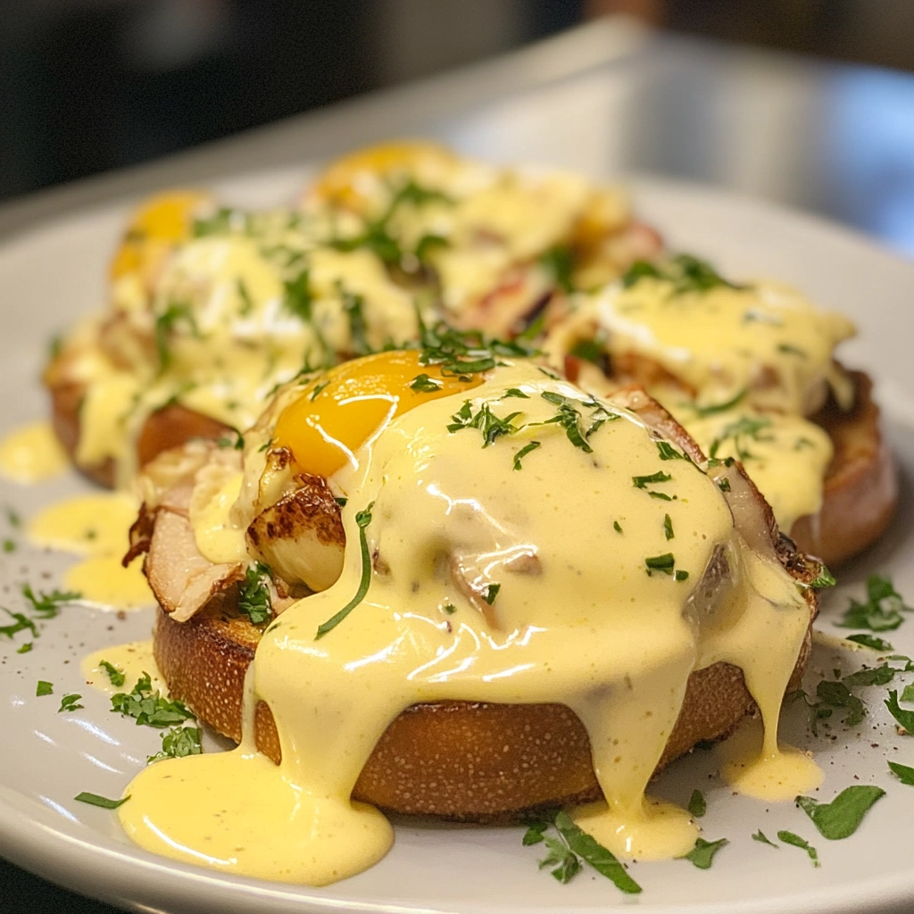 Classic Eggs Benedict with Hollandaise sauce on toasted English muffins with Canadian bacon and fresh parsley.