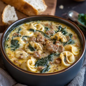 Creamy Tortellini Soup with Sausage and Spinach, featuring tender pasta, savory sausage, and fresh spinach in a rich, flavorful broth.