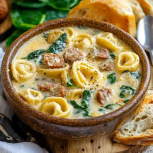 Creamy Tortellini Soup with Sausage and Spinach, featuring tender pasta, savory sausage, and fresh spinach in a rich, flavorful broth.