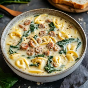 Creamy Tortellini Soup with Sausage and Spinach, featuring tender pasta, savory sausage, and fresh spinach in a rich, flavorful broth.