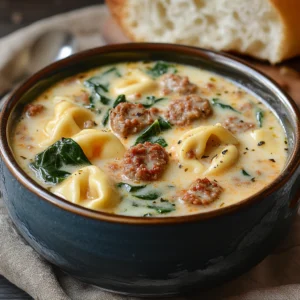 Creamy Tortellini Soup with Sausage and Spinach, featuring tender pasta, savory sausage, and fresh spinach in a rich, flavorful broth.