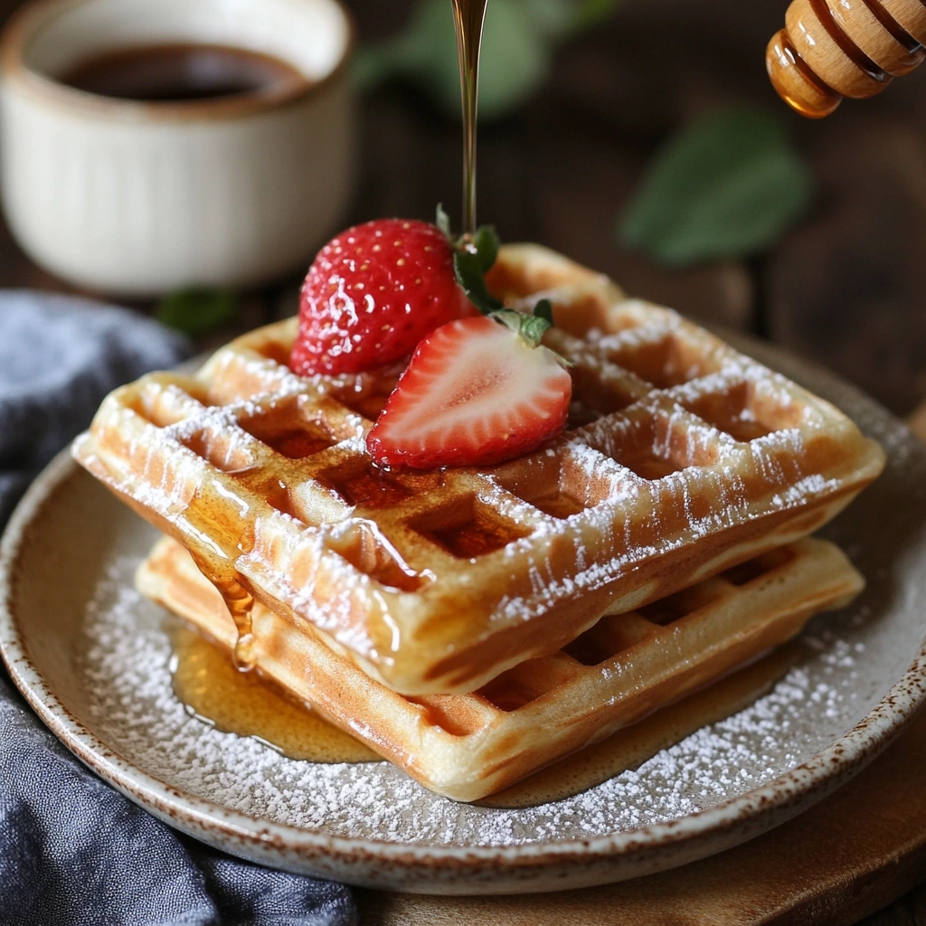 Stacked crispy waffles with honey drizzle and fruit toppings on a plate.