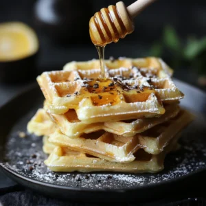 Stacked crispy waffles with honey drizzle and fruit toppings on a plate.