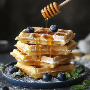 Stacked crispy waffles with honey drizzle and fruit toppings on a plate.