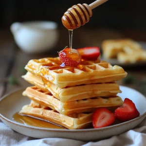 Stacked crispy waffles with honey drizzle and fruit toppings on a plate.