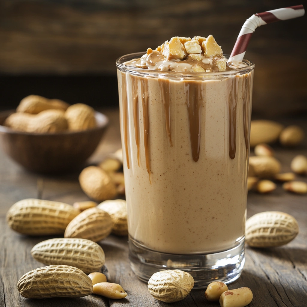 Chocolate-Peanut Butter Protein Shake in a glass with a garnish of peanut butter and chocolate chips.