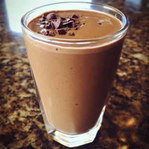 Chocolate-Peanut Butter Protein Shake in a glass with a garnish of peanut butter and chocolate chips.