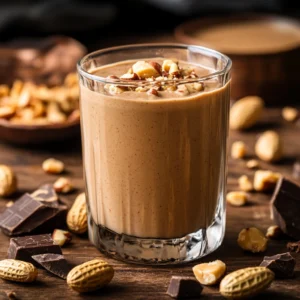 Chocolate-Peanut Butter Protein Shake in a glass with a garnish of peanut butter and chocolate chips.