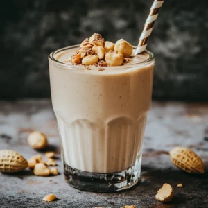 Chocolate-Peanut Butter Protein Shake in a glass with a garnish of peanut butter and chocolate chips.