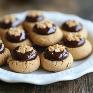 Peanut butter blossoms cookies with chocolate kisses on top, displayed on a holiday-themed plate.