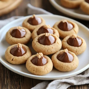 Peanut butter blossoms cookies with chocolate kisses on top, displayed on a holiday-themed plate.