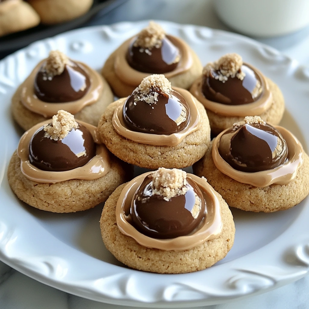 Peanut butter blossoms cookies with chocolate kisses on top, displayed on a holiday-themed plate.