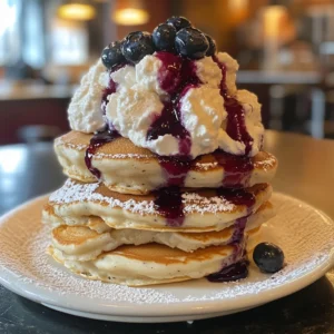 Stack of fluffy blueberry pancakes with fresh blueberries and maple syrup drizzle.