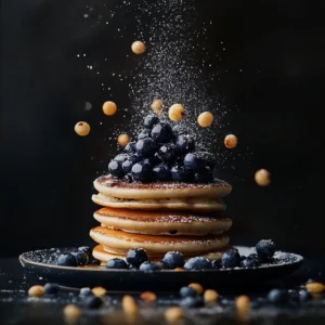 Stack of fluffy blueberry pancakes with fresh blueberries and maple syrup drizzle.