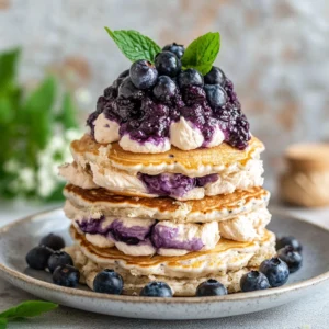 Stack of fluffy blueberry pancakes with fresh blueberries and maple syrup drizzle.