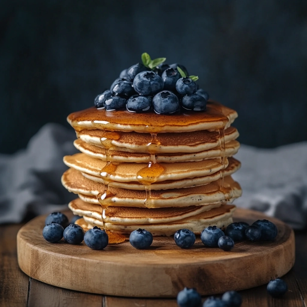 Stack of fluffy blueberry pancakes with fresh blueberries and maple syrup drizzle.