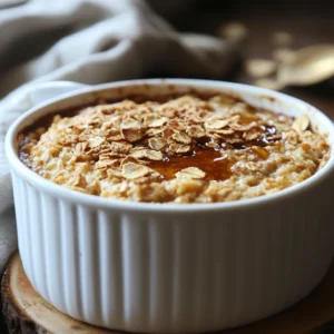 Golden Maple Oatmeal Bake with fresh fruit and maple syrup drizzle.