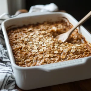 Golden Maple Oatmeal Bake with fresh fruit and maple syrup drizzle.