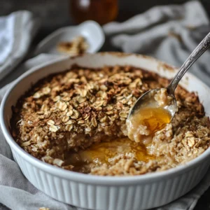 Golden Maple Oatmeal Bake with fresh fruit and maple syrup drizzle.