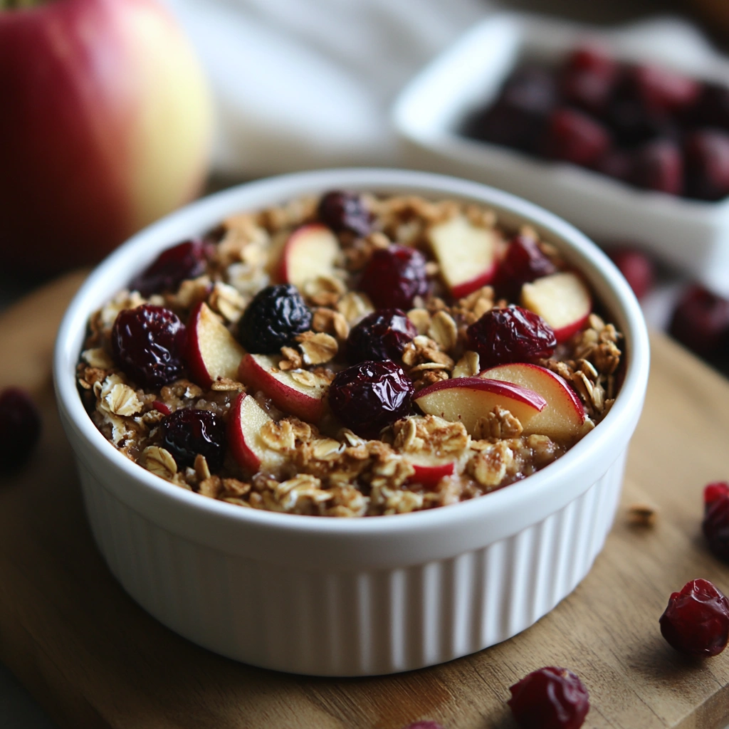 High-Fiber Apple-Cranberry Baked Oats topped with fresh fruit and served in a baking dish.