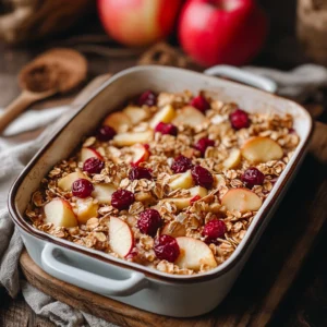 High-Fiber Apple-Cranberry Baked Oats topped with fresh fruit and served in a baking dish.